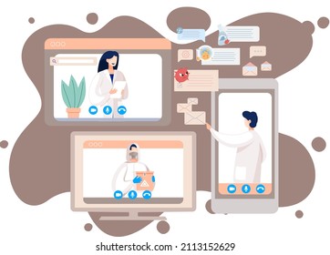 Online doctor conference, consultation via your smartphone. Concept for medical app and websites. Remote meetings of scientists conferring on fight against viruses and scientific researches