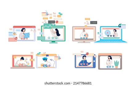 Online doctor conference, consultation via your smartphone. Concept for medical app and websites. Remote meetings of scientists conferring on fight against viruses and scientific researches