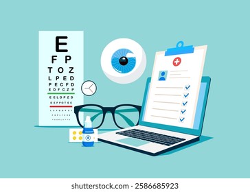 Online Doctor consulate. Ophthalmological treatment. Eye care and sight diagnostic testing. Vector illustration