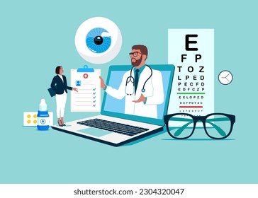 Online Doctor consulate with a patient. Ophthalmological treatment. Eye care and sight diagnostic testing. Modern vector illustration in flat style