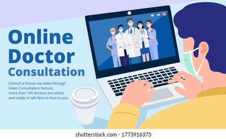 Online Doctor Consultant, Close-up Man Having Video Call Meeting With Doctors At Home. Vector