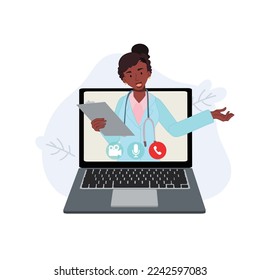 Online doctor consultant concept. female african therapist on chat in laptop. Ask doctor. Online medical advise or consultation service, tele medicine, Vector flat illustration.