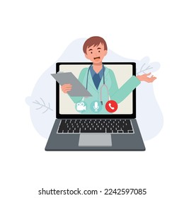 Online doctor consultant concept. female therapist on chat in laptop. Ask doctor. Online medical advise or consultation service, tele medicine, Vector flat illustration.