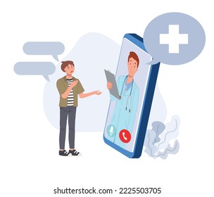 Online doctor consultant concept. male therapist on chat in smartphone. Ask doctor. Online medical advise or consultation service, tele medicine, Vector flat illustration.