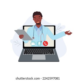 Online doctor consultant concept. male african therapist on chat in laptop. Ask doctor. Online medical advise or consultation service, tele medicine, Vector flat illustration.