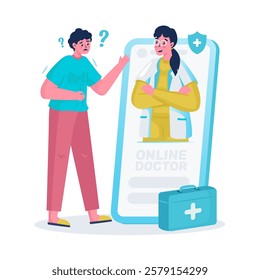 Online doctor consultation, Doctor appointment, Male patient having stomach ache, Vector design