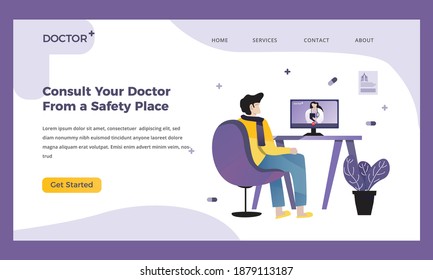 Online doctor consultation banner home page template, Vector illustration concept of web page design for website and mobile website development. Easy to edit and customize