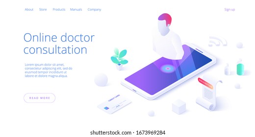Online doctor consultation call or visit concept in isometric vector design. Using internet on smartphone for medical video chat. Healthcare conderence. Web banner layout template.