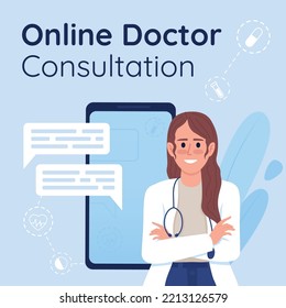 Online doctor consultation card template. Telehealth service. Editable social media post design. Flat vector color illustration for poster, web banner, ecard. Quicksand Bold, Regular fonts used