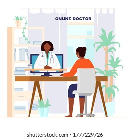Online Doctor Consultation Concept. Afroamerican Woman Sitting At Desk At Home Talking To Doctor By Videoconference. Flat Vector Illustration. 