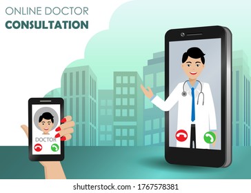 Online doctor consultation concept. Doctor give advise to patient woman via app on smartphone. Idea for smart technology in healthcare medical service.