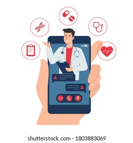 Online doctor consultation concept with male doctor on smartphone display and medical icon app