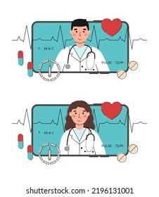 Online doctor consultation concept. Smartphone screen with female or male therapist. Tele medicine, medical diagnostics using the Internet. Vector flat illustration