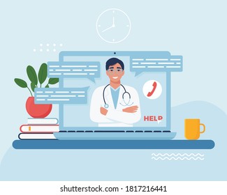 Online doctor consultation concept. Stay home. Man doctor with stethoscope. Vector illustration in flat style