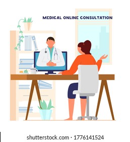 Online Doctor Consultation Concept. Woman Sitting At Desk At Home Talking To Doctor By Videoconference. Flat Vector Illustration. 