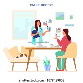 Online Doctor Consultation Concept. Woman Sitting At Desk At Home Talking To Doctor By Videoconference. Symptomes and Prescriptions Icons. Flat Vector Illustration. 