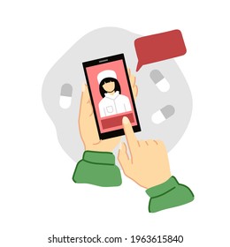 Online doctor consultation, drug delivery, pharmacy concepts. Hands holding smartphone with a doctor on the screen. Hand-drawn vector illustration.