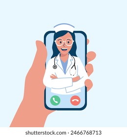 online doctor consultation. Female hand holding smartphone with doctor on screen. Video calls and online treatment