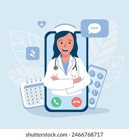 online doctor consultation. Female hand holding smartphone with doctor on screen. Video calls and online treatment