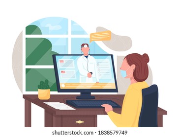 Online doctor consultation flat concept vector illustration. Electronic healthcare. Hospital internet support. Physician and patient 2D cartoon characters for web design. Telemedicine creative idea