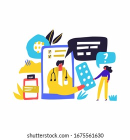 Online doctor consultation hand drawn vector illustration. Physician and patient cartoon characters. Professional online help, remote doctor appointment. Telemedicine, e health design element