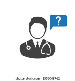 Online doctor consultation icon vector male person profile avatar with question symbol for medical answers illustration
