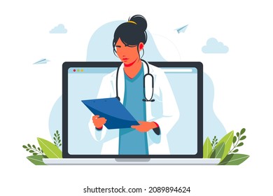 Online Doctor Consultation From Laptop. Online Consultation Of A Family Doctor. Remote Medical Care. Vector Illustration. Telemedicine. Healthcare Services, Ask A Doctor. 