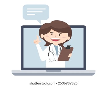 online doctor consultation from laptop. Online consultation of a family doctor. Remote medical care. Vector illustration. Telemedicine. Healthcare services,