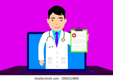 Online Doctor Consultation With Laptop Screen modern medical technology male therapist stock vector illustration