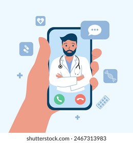 online doctor consultation. doctor man in medical gown on phone screen. Video calls and online treatment