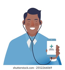 Online Doctor Consultation. Medical Specialist with Stethoscope Hold Smartphone. Modern Flat Vector Illustration. Website Banner. Social Media Template.