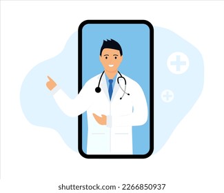 Online doctor consultation in mobile app with male doctor through phone screen. Medical online clinic, medicine and medical consultations, digital healthcare concept. Vector illustration