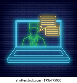 Online Doctor Consultation Neon Icon. Concept for Healthcare Medicine and Lifestyle. Outline Virtual Doctor. Medical Symbol, Icon and Badge. Simple Vector illustration on dark brickwork.