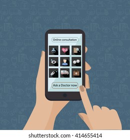 Online doctor consultation.Ask a doctor now. Hand holding smart phone with medical icons and doctor consultation online.Mobille version health care.Flat design for website, web banner, infographics.