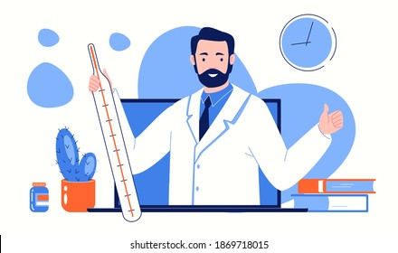 Online Doctor Consultation On A Laptop Screen. Video Call To A Therapist From Home. Flat Vector Illustration.