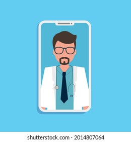 Online doctor consultation on the phone blue background. Stock vector