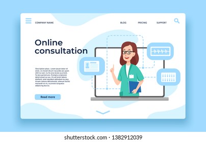 Online doctor consultation. Patient health consultation, online medical help and doctors meeting landing page vector illustration