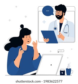 Online doctor consultation. The patient is at a remote appointment with a therapist. A woman has a conversation with a medical worker by video call using laptop. Telemedicine concept