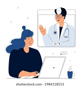 Online doctor consultation. The patient is at a remote appointment with a therapist. A woman has a conversation with a medical worker by video call using laptop. Telemedicine concept.