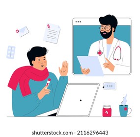 Online doctor consultation. The patient is at a remote appointment with a therapist. Sick man has a conversation with a medical worker by video call using laptop. Telemedicine concept