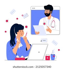 Online doctor consultation. The patient is at a remote appointment with a therapist. Sick woman has a conversation with a medical worker by video call using laptop. Telemedicine concept