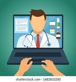 Online doctor consultation, online prescription and pharmacy. drug delivery via laptop. Quarantine concept from corona virus, covid-19. vector illustration