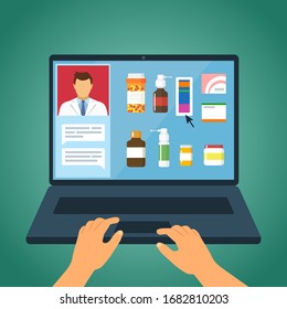 Online doctor consultation, online prescription and pharmacy. drug delivery via laptop. Quarantine concept from corona virus, covid-19. vector illustration