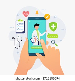 Online doctor consultation smartphone app design concept vector illustration