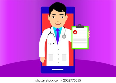 Online doctor consultation with smartphone screen modern medical technology male therapist stock vector illustration