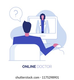 Online doctor consultation support help web service vector illustration,healthcare medicine concept.Intern character avatar,remote working from app screen of patient display,Ready to use modern flat