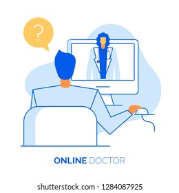 Online doctor consultation support help web service vector illustration,healthcare medicine concept.Intern character avatar,remote working from app screen of patient display,Ready to use modern flat