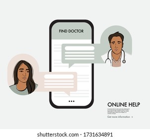 Online Doctor Consultation Support. Virtual Medical Call And Chat, Mobile Appointment Set Up. Healthcare Distance Therapy Web Template. Doctor Consultation, Internet Nursing .Carton Concept In Vector.