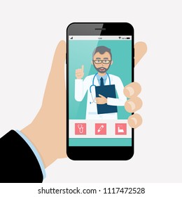 Online Doctor Consultation Technology In Smartphone Vector.