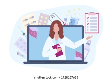 Online doctor consultation and telemedicine service. Laptop screen with a female therapist. Medicine prescription and diagnosis via internet. Online medical support concept. Vector in flat style.